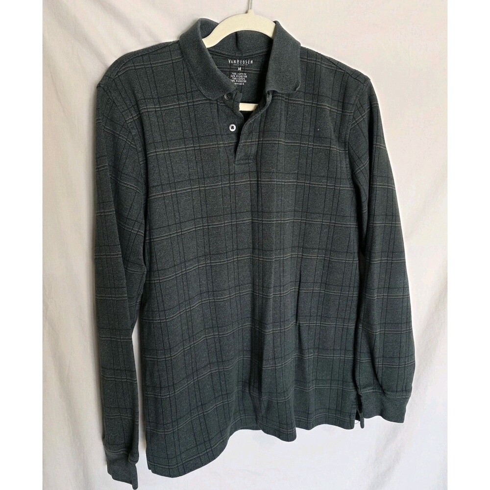 VanHeusen Long Sleeve Polo Shirt Green Gray Plaid Men's Size Medium